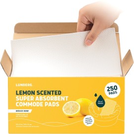 Lunderg Lemon Scented Super Absorbent Commode Pads - Medical Grade Value Pack 250 Count - for Disposable Bedside Commode Liners, Adult Chairs, Portable Buckets & Camping Toilet Bags - Light Scent