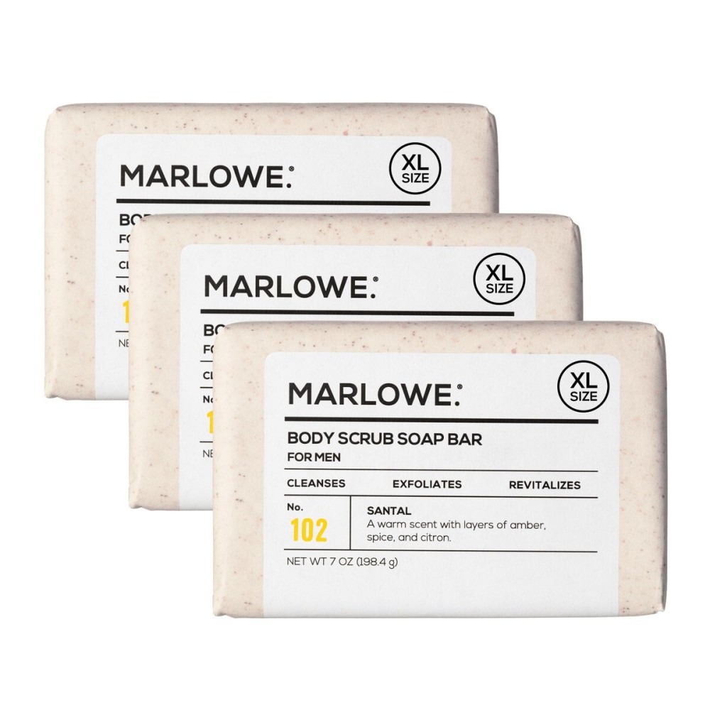 MARLOWE. No. 102 Body Scrub Soap 7 oz (3 Bars), Santal, Exfoliating Soap Bar with Shea Butter, Olive Oil & Green Tea Extracts, Cleanses, Smooths & Revitalizes Skin, Warm Amber, Spice & Citron Scent