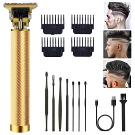 Hair Clippers for Men, Hair Trimmer T Blade Trimmer Zero Gapped Trimmer, Cordless Rechargeable Beard Trimmer Shaver Hair Cutting Kit with Ear Spoon Tool Set (Gold)