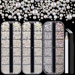 4000PCS Flatback Rhinestones and Half Round Pearls Kit 3, Multi Size Glass Clear & AB Crystals, Plastic Flat Back Beige AB Dome Bead with Pickup Pencil and Tweezer for Nail Art