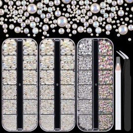 4000PCS Flatback Rhinestones and Half Round Pearls Kit 3, Multi Size Glass Clear & AB Crystals, Plastic Flat Back Beige AB Dome Bead with Pickup Pencil and Tweezer for Nail Art