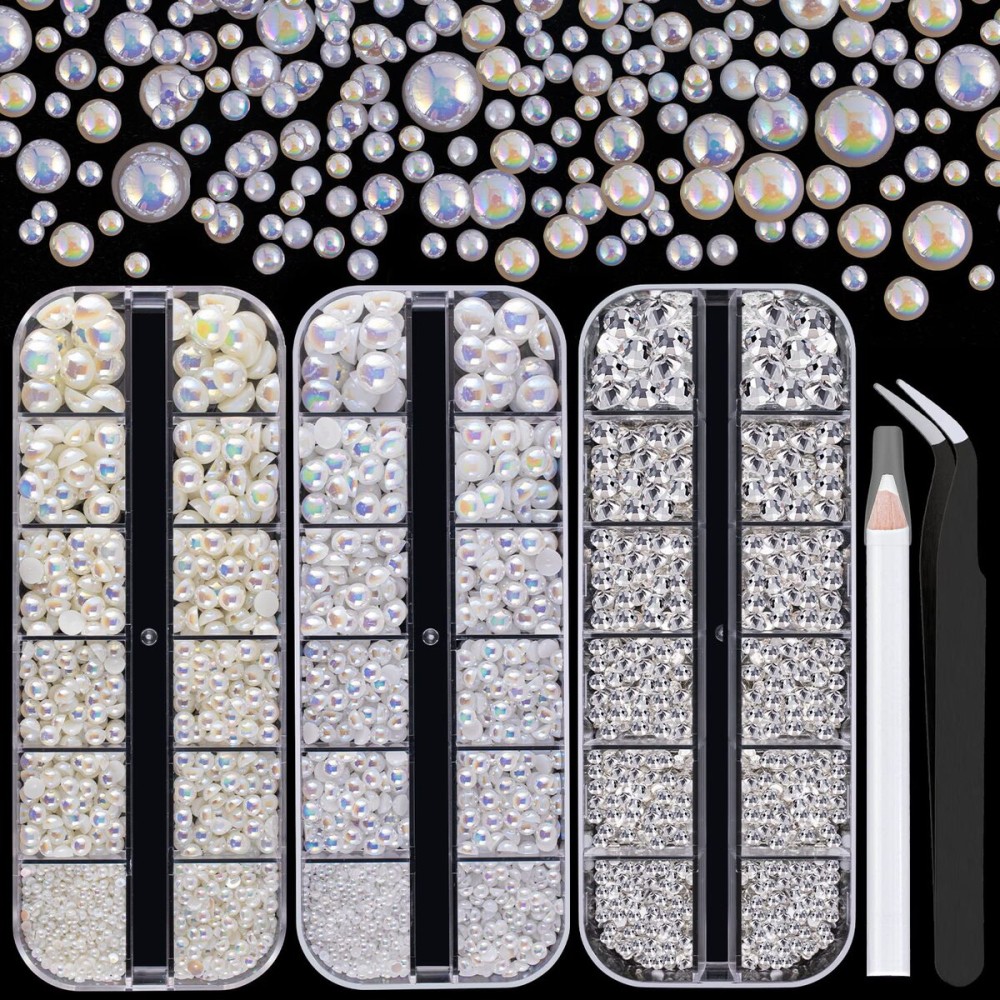 4000PCS Flatback Rhinestones and Half Round Pearls Kit 16, Multi Size Glass Clear Crystals, Plastic Flat Back White AB & Beige AB Dome Bead with Pickup Pencil and Tweezer for Nail Art
