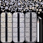 4000PCS Flatback Rhinestones and Half Round Pearls Kit 16, Multi Size Glass Clear Crystals, Plastic Flat Back White AB & Beige AB Dome Bead with Pickup Pencil and Tweezer for Nail Art