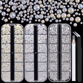 4000PCS Flatback Rhinestones and Half Round Pearls Kit 16, Multi Size Glass Clear Crystals, Plastic Flat Back White AB & Beige AB Dome Bead with Pickup Pencil and Tweezer for Nail Art