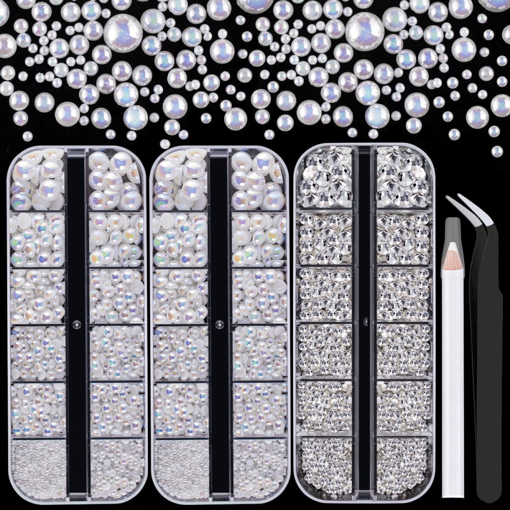4000PCS Flatback Rhinestones and Half Round Pearls Kit 17, Multi Size Glass Clear Crystals, Plastic Flat Back White AB Dome Bead with Pickup Pencil and Tweezer for Nail Art