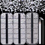 4000PCS Flatback Rhinestones and Half Round Pearls Kit 17, Multi Size Glass Clear Crystals, Plastic Flat Back White AB Dome Bead with Pickup Pencil and Tweezer for Nail Art