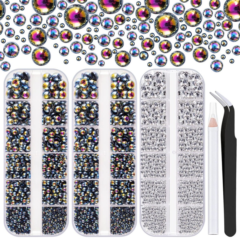 4000PCS Flatback Rhinestones and Half Round Pearls Kit 20, Multi Size Glass Clear Crystals, Plastic Flat Back Black AB Dome Bead with Pickup Pencil and Tweezer for Nail Art