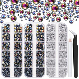 4000PCS Flatback Rhinestones and Half Round Pearls Kit 20, Multi Size Glass Clear Crystals, Plastic Flat Back Black AB Dome Bead with Pickup Pencil and Tweezer for Nail Art