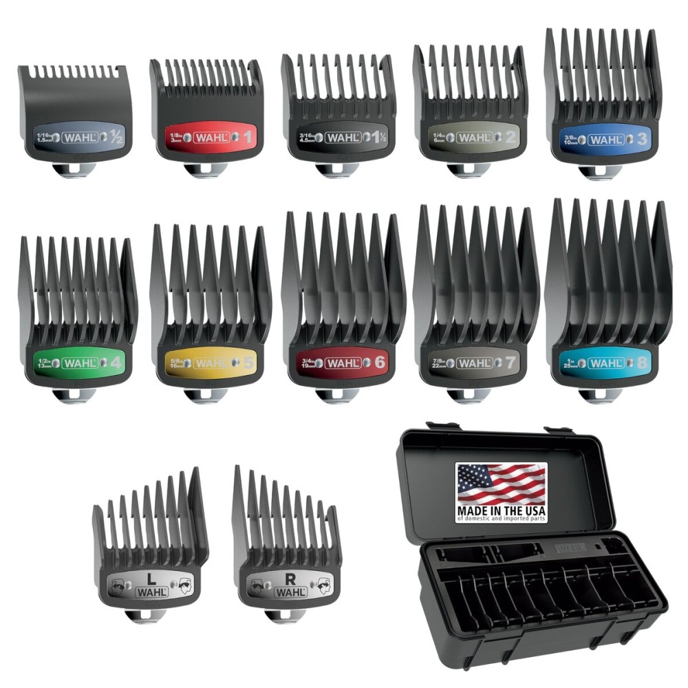 Wahl Genuine SECURE-SNAP Guide Comb Set with Colored Metal Clips and Guard Organization Caddy, 12 Full Size Attachment Guards from 1/16 to 1 for Increased Cutting Performance Grey - 3291-300
