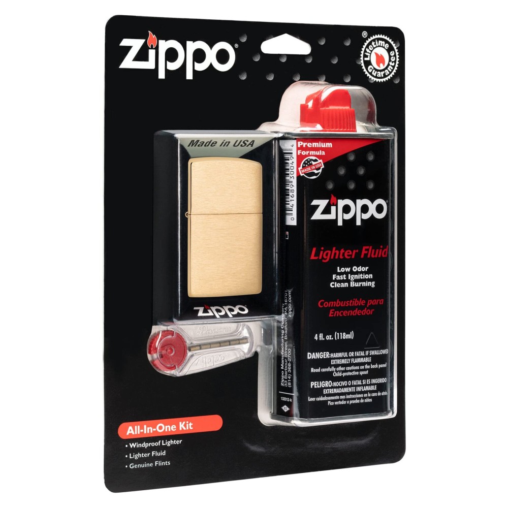 Zippo All-in-One Kit with Brushed Brass Windproof Lighter