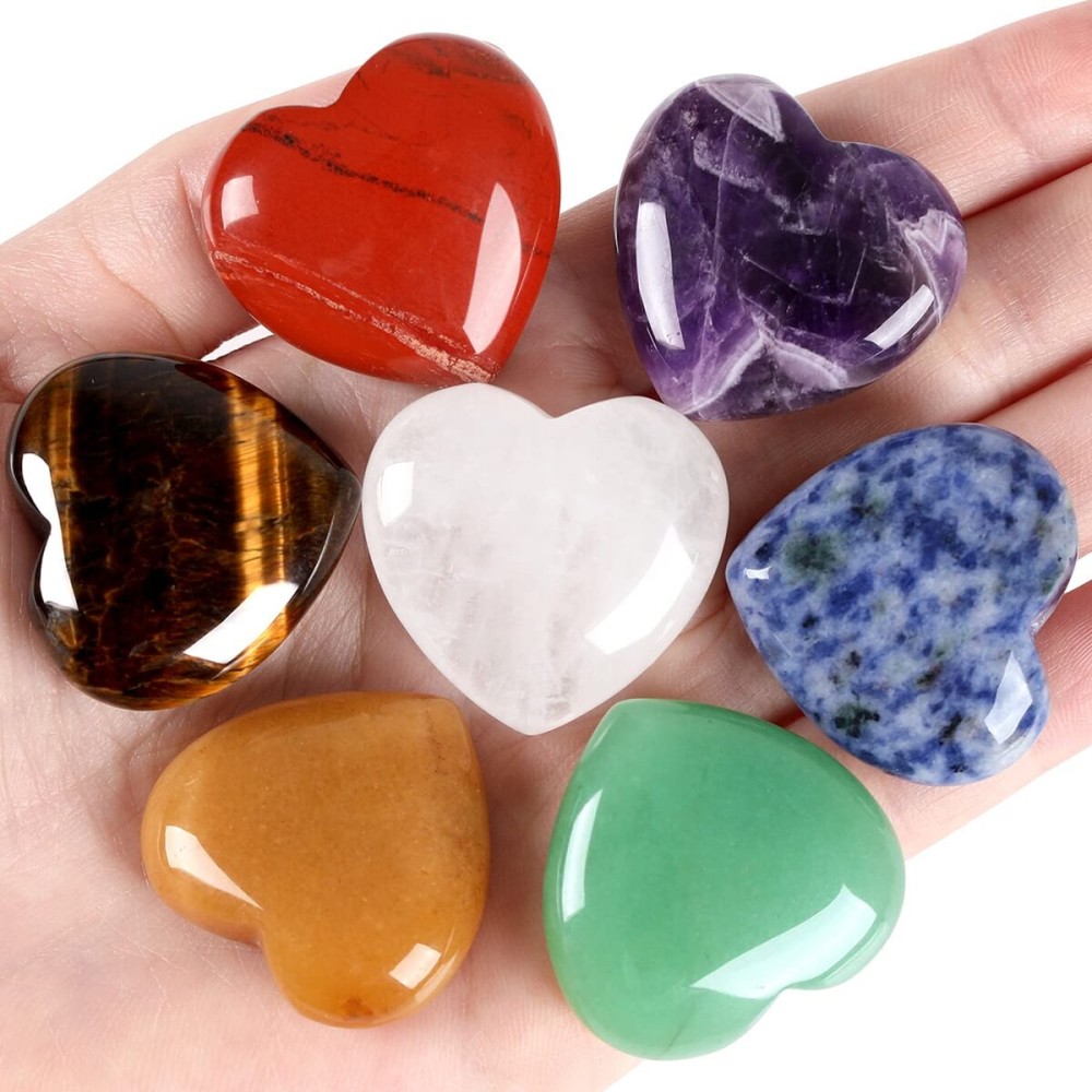 QINJIEJIE 7Pcs 7 Chakras 1.2 Heart Crystal Large Stone Rose Quartz Healing Crystals Love Polished Thumb Natural Palm Assorted Gemstones Reiki Energy Balancing Meditation Gift