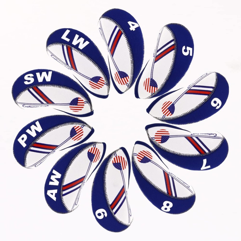 Craftsman Golf Wider Openings US Flag Neoprene Golf Club Head Cover Wedge Iron Protective Headcover for Most Brand Standard Iron Heads (White & Blue,Wider Opening)