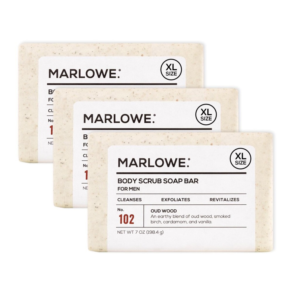 MARLOWE. No. 102 Body Scrub Soap 7 oz (3 Bars), Oud Wood, Exfoliating Soap Bar with Shea Butter, Olive Oil & Green Tea Extracts, Cleanses, Smooths & Revitalizes Skin, Earthy & Smoky Scent