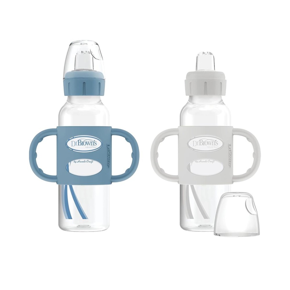 Dr. Brown\'s Milestones Narrow Sippy Spout Bottle with 100% Silicone, Easy-Grip Handles and Soft Sippy Spout, 8oz/250mL, Light-Blue and Gray, 2-Pack, 6m+