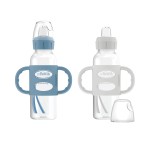 Dr. Brown\'s Milestones Narrow Sippy Spout Bottle with 100% Silicone, Easy-Grip Handles and Soft Sippy Spout, 8oz/250mL, Light-Blue and Gray, 2-Pack, 6m+