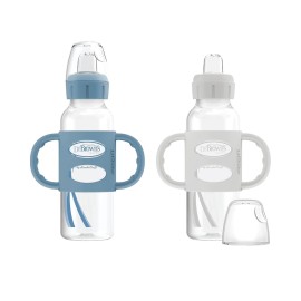 Dr. Brown\'s Milestones Narrow Sippy Spout Bottle with 100% Silicone, Easy-Grip Handles and Soft Sippy Spout, 8oz/250mL, Light-Blue and Gray, 2-Pack, 6m+