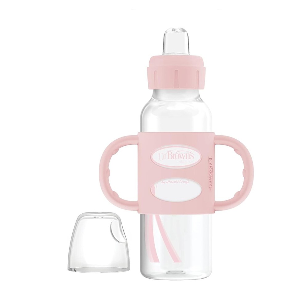 Dr. Brown\'s Milestones Narrow Sippy Spout Bottle with 100% Silicone Handles, Easy-Grip Handles with Soft Sippy Spout, 8oz/250mL, Light-Pink, 1-Pack, 6m+