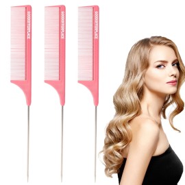 Goodofferplace 3 PCS Rat Tail Combs Parting Rattail Teasing Fine Tooth Comb with Metal Pick for Curly Hair,Detangling Parting Combs for Women,for Braiding,Styling Hair(Pink)