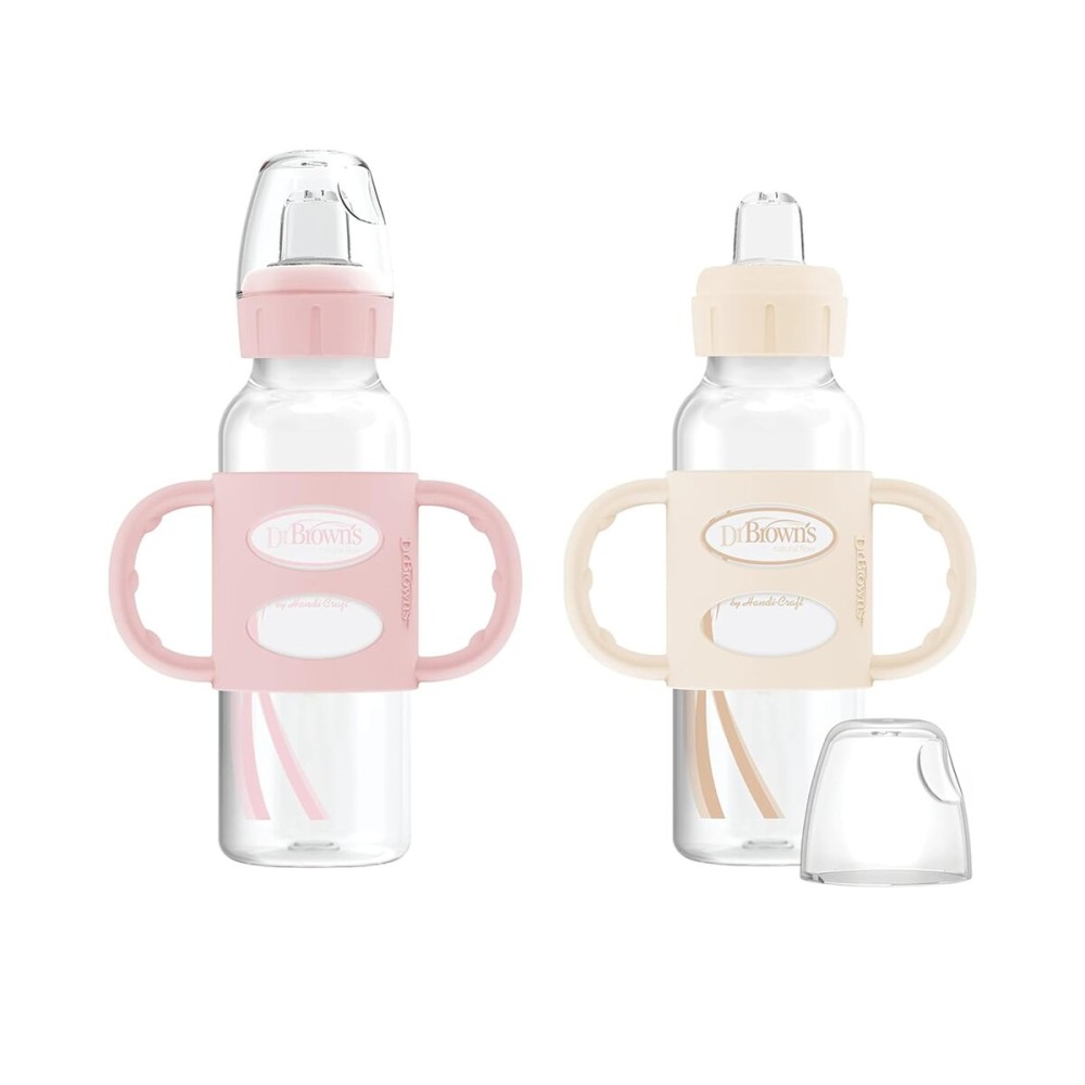 Dr. Brown\'s Milestones Narrow Sippy Spout Bottle with 100% Silicone, Easy-Grip Handles and Soft Sippy Spout, 8oz/250mL, Light Pink and Ecru, 2-Pack, 6m+