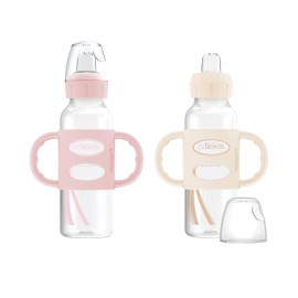 Dr. Brown\'s Milestones Narrow Sippy Spout Bottle with 100% Silicone, Easy-Grip Handles and Soft Sippy Spout, 8oz/250mL, Light Pink and Ecru, 2-Pack, 6m+