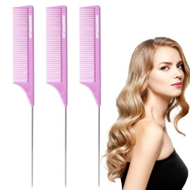 Goodofferplace 3 PCS Rat Tail Combs Parting Rattail Teasing Fine Tooth Comb with Metal Pick for Curly Hair,Detangling Parting Combs for Women,for Braiding,Styling Hair(Purple)