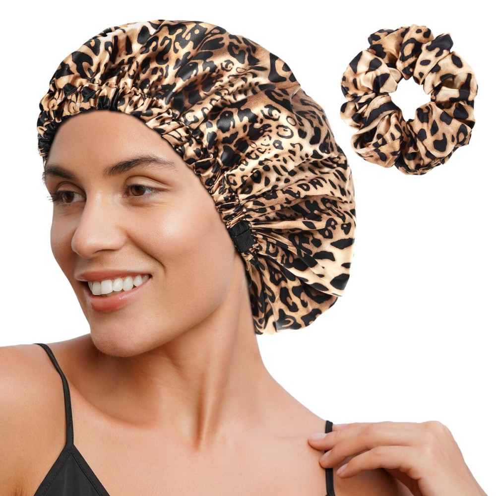 YANIBEST Adjustable Satin Bonnet Double Layer Hair Bonnet for Sleeping Bonnets for Women Hats Curly Natural Hair, Bold Cheetah