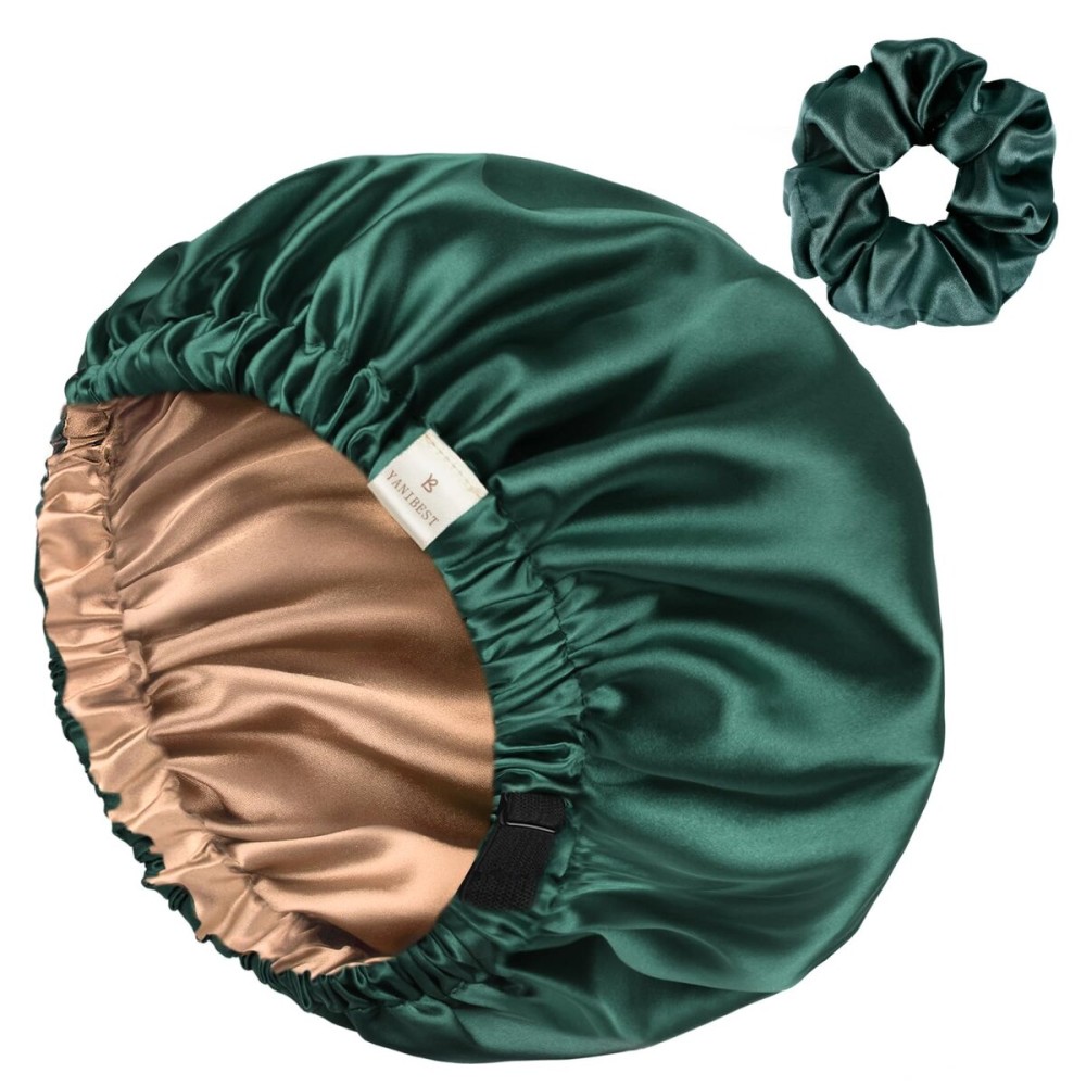 YANIBEST Adjustable Satin Bonnet Double Layer Hair Bonnet for Sleeping Bonnets for Women Hats Curly Natural Hair, Green