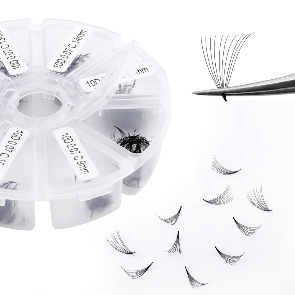 Volume Lash Extensions 10D Premade Fans Eyelash Extensions 500 PCS 0.07mm Thickness 9-16mm Mixed C/D Curl Short Stem Premade Pointed Base Fans by WENDY LASHES (500PCS-10D-0.07-C, 9-16mm Mixed Tray)