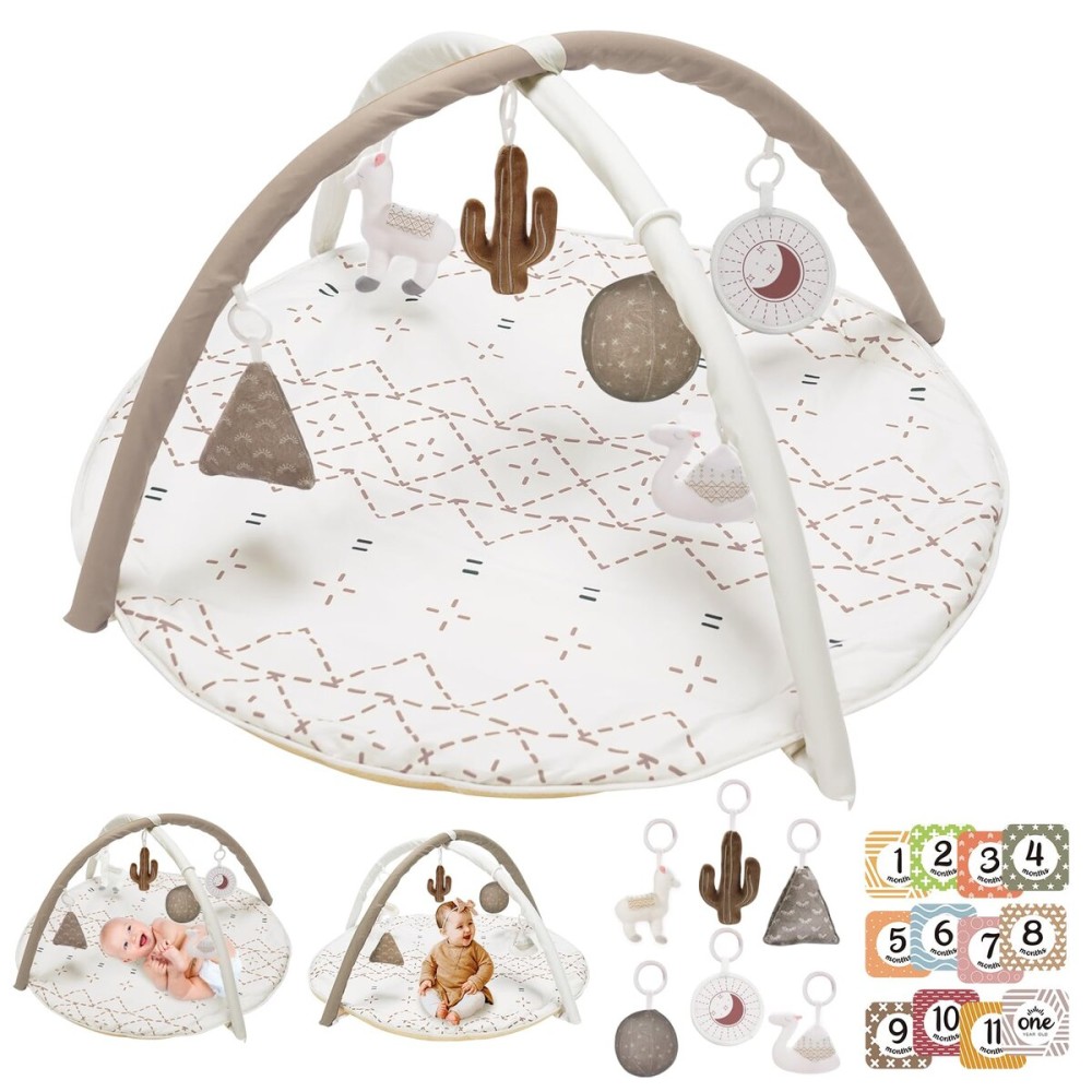 Little Dove Tummy Time Mat with 6 Toys, Macrame Baby Play Mat for Newborn, Baby Gym with 12 Milestone Cards, Stage-Based Sensory and Motor Skill Development Baby Play Gym, Non Slip Mat Washable, Khaki
