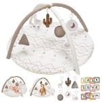 Little Dove Tummy Time Mat with 6 Toys, Macrame Baby Play Mat for Newborn, Baby Gym with 12 Milestone Cards, Stage-Based Sensory and Motor Skill Development Baby Play Gym, Non Slip Mat Washable, Khaki