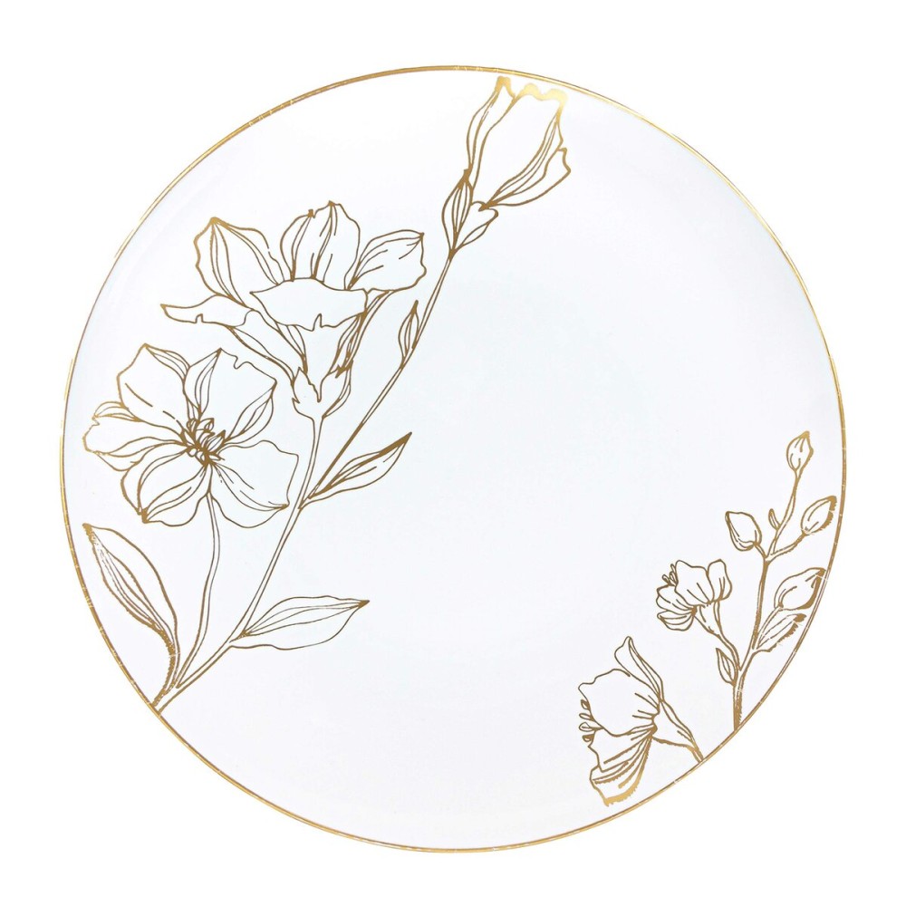 PLASTICPRO White Plastic Floral Design Party Plates With Gold Rim Premium heavyweight Elegant Disposable Tableware Dishes (120, 9\'\' INCH PLATES)