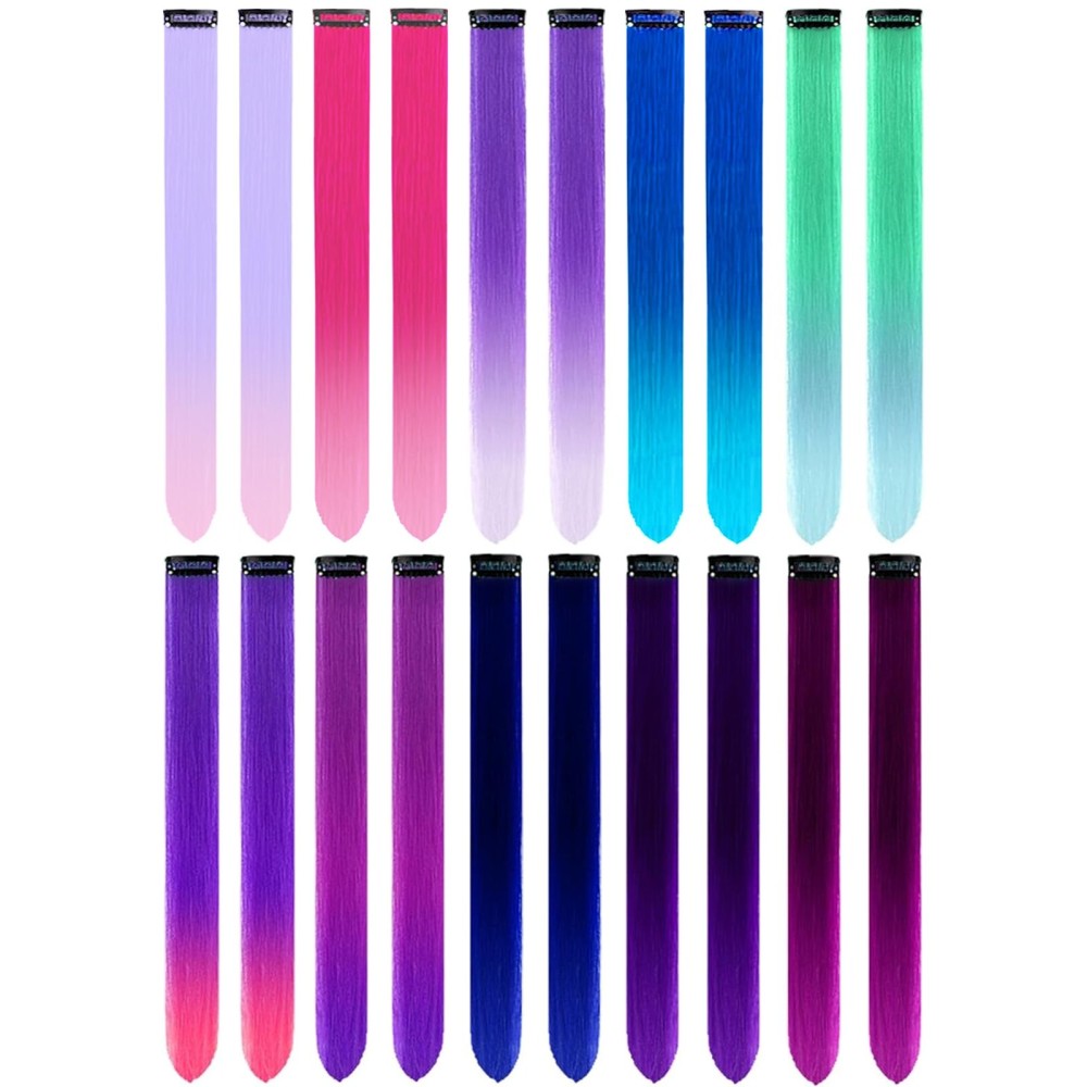 LADYAMZ 20 PCS Colored Hair Extensions, Colorful Party Highlights Clip in Long Straight Synthetic Hair Extensions, Ombre Color Hair Hairpieces for Girl Women Kids Christmas Cosplay Party Gift 22 inch
