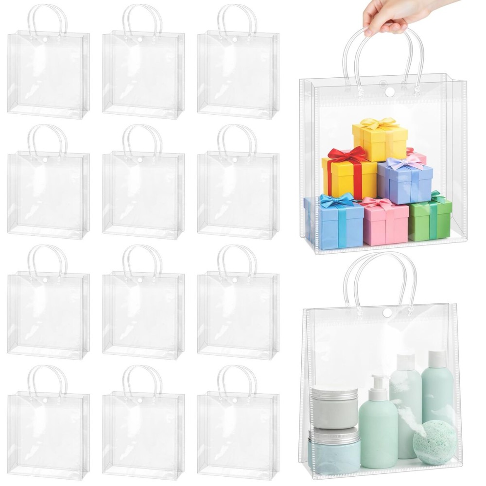 BadenBach 16 Pack Clear Gift Bags with Handles, 11 x 11 x 3.9 Large Reusable Plastic Party Favor Bags Bulk, Transparent PVC Tote Bag for Wedding, Birthday, Christmas, Boutique (282810 cm)