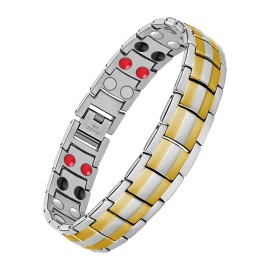 Feraco Mens Magnetic Bracelet Titanium Steel Magnetic Bracelet with Double Row 4 Elements Magnets (Silver with Double Gold Line)