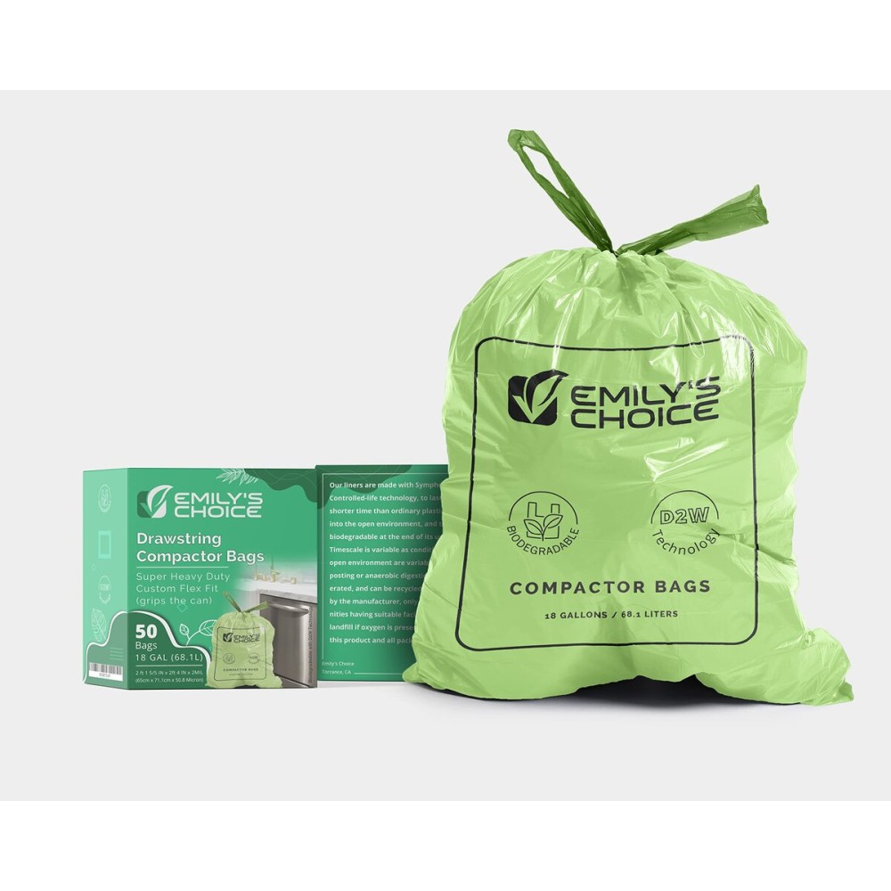 Emily\'s Choice Biodegradable Super Heavy Duty Trash Compactor Bags (50 count) with D2W Technology, Custom Flex Fit, 68.1L / 18 Gallons, ATSM 6954, 2.0 Mil / 50.1 Micron Thickness