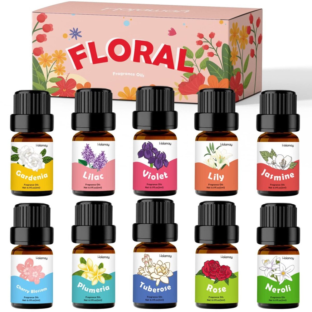 Floral Essential Oils, Holamay Premium Fragrance Oil for Candle Making, 5mlx10, Soap Making Scents - Rose, Jasmine, Neroli, Gardenia, Lilac and More, Aromatherapy Essential Oils for Diffusers for Home