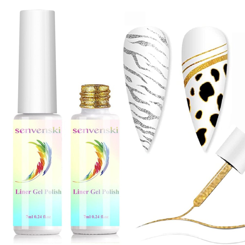 senvenski Liner Gel Nail Polish Kit - UV/LED Soak Off Nail Art Set with Gold Silver Colors | Paint Design Manicure Gift Kit for Women Salon Home Use (LX2-001)