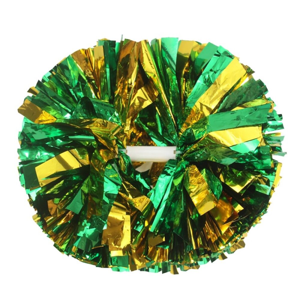 Hooshing 2PCS Green and Gold Cheerleading Pom Poms Metallic Cheer Pom Poms with Baton Handle for Sports Dance Team Spirit Party Kids Adults