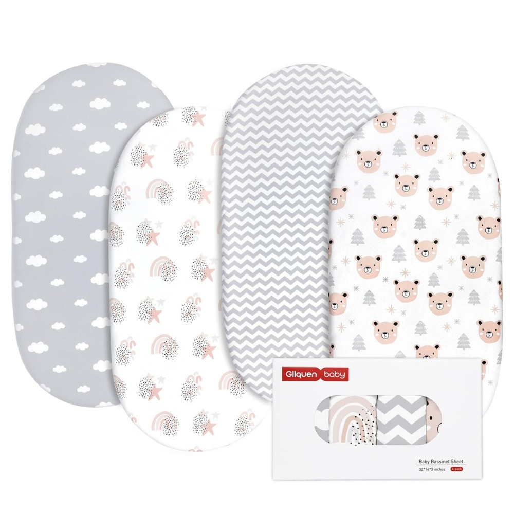 Gllquen Baby Bassinet Sheets 4 Pack, Breathable Cozy Fitted Mattress Sheet, Elastic Travel Crib Fashionable Pattern, Standard Cradle Safe Sheets for Baby Boys Girls 32x16(Rainbow)