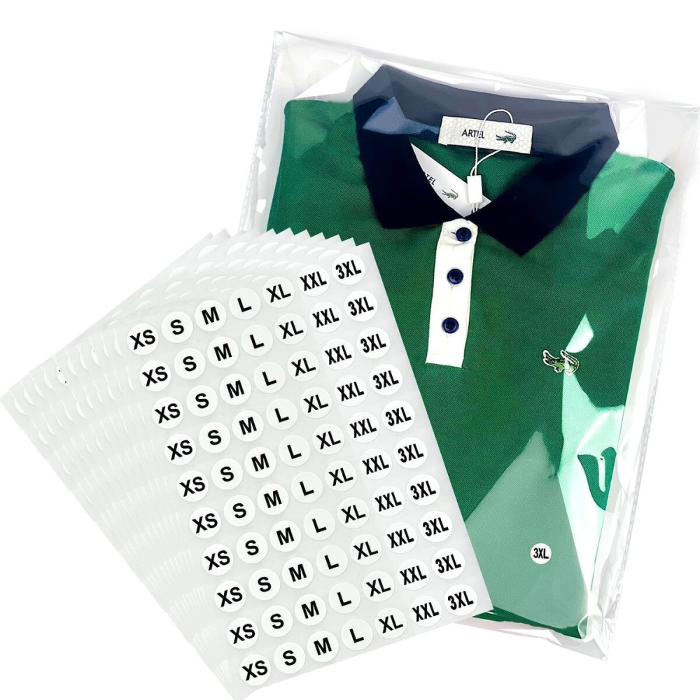 PigPotParty 12 x 15 Clear Plastic T-Shirt Bags with Clothing Size Stickers, 100 Pcs Cellophane Shirt Sleeves Packaging Bags for Small Business, Thick, Self-adhesive & Resealable