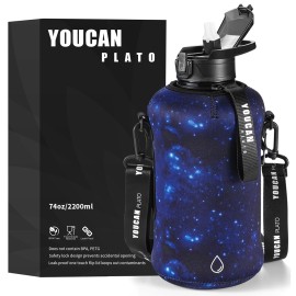 YOUCAN PLATO 74 oz Half Gallon Water Bottle with Sleeve-Large Water Bottle -Big Water Bottle-Gym Water Bottle with Straw- Gallon Water Jug with Handle -BPA Free- Leakproof, Workout bottle,Star Blue