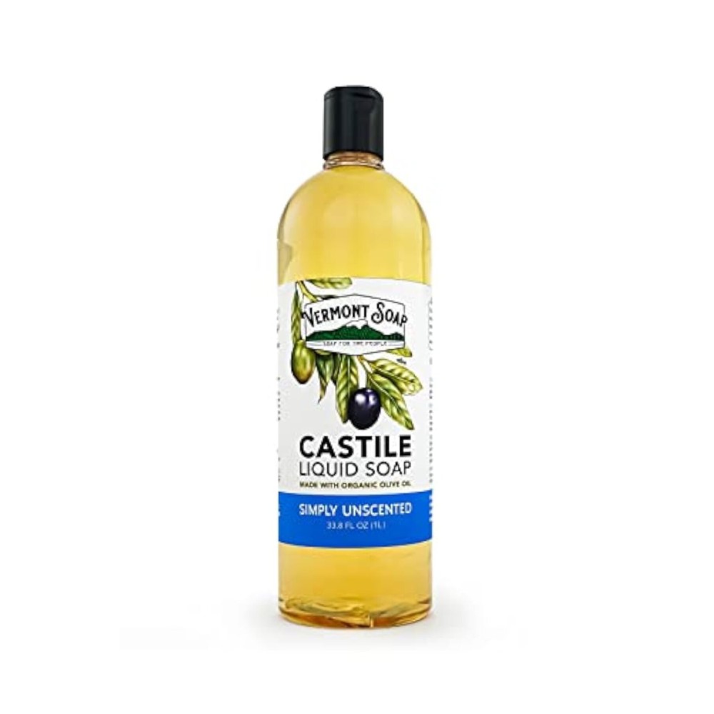 Vermont Castile Unscented Gentle Liquid Soap for Sensitive Skin, Natural Body Wash, Organic Hair Shampoo for Oily Hair, Aloe for Men & Women - 33.8 Oz