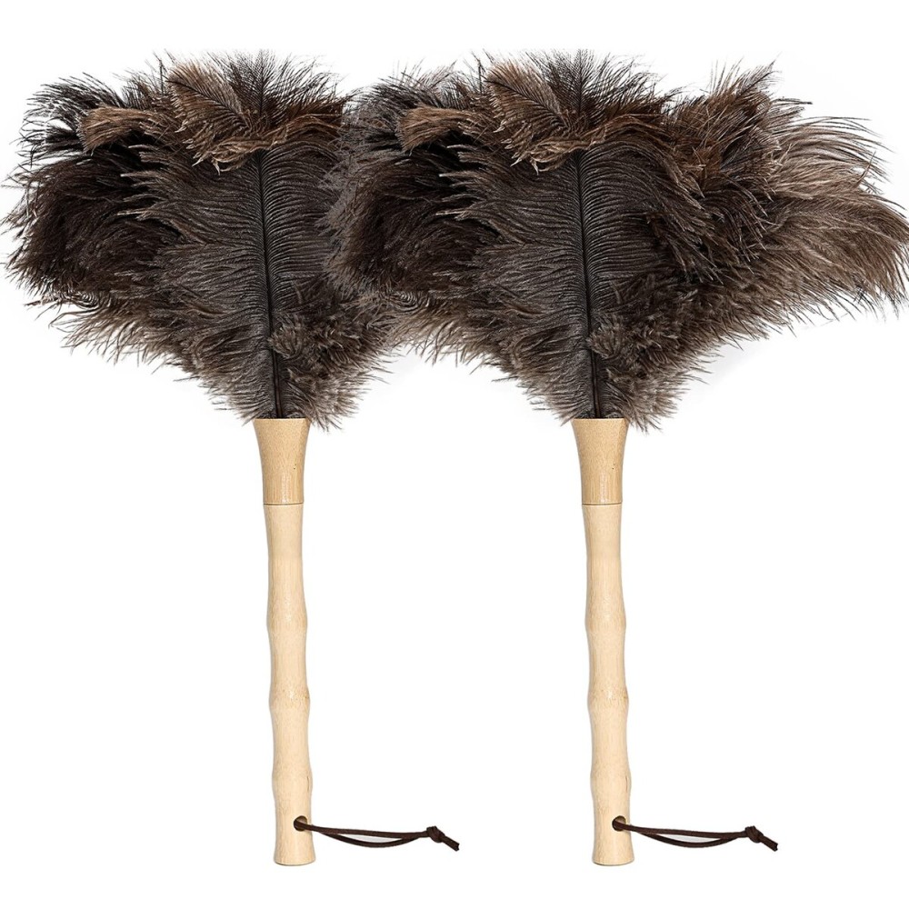 iHUFeather Ostrich Feather Duster 16 inch Feather Duster Fluffy Natural Genuine Ostrich Feathers with Wooden Handle and Eco-Friendly Reusable Handheld Ostrich Feather Duster for Cleaning Supplies
