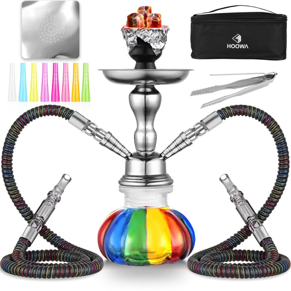 2 Hose Hookah Set 11\'\' Small Shisha Hookah Set With Mini Pumpkin Glass Vase, Ceramic Bowl, Leather Hose, Coal Tong, Hookah Foil, Disposable Tips (rainbow)