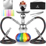 2 Hose Hookah Set 11\'\' Small Shisha Hookah Set With Mini Pumpkin Glass Vase, Ceramic Bowl, Leather Hose, Coal Tong, Hookah Foil, Disposable Tips (rainbow)