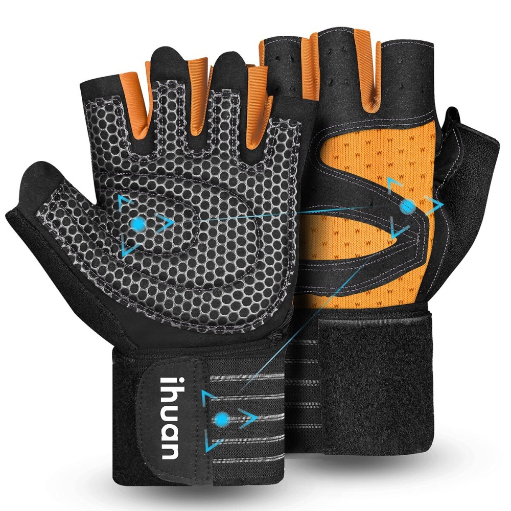 ihuan Ventilated Weight Lifting Gym Workout Gloves with Wrist Wrap Support for Men & Women, Full Palm Protection, for Weightlifting, Training, Fitness, Hanging, Pull ups (Orange, L)