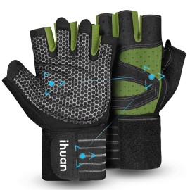 ihuan Ventilated Weight Lifting Gym Workout Gloves with Wrist Wrap Support for Men & Women, Full Palm Protection, for Weightlifting, Training, Fitness, Hanging, Pull ups (Dark Green, S)