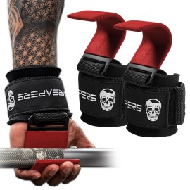 Gymreapers Weight Lifting Hooks (Pair), Heavy Duty Power Wrist Straps Hand Grip Support For Deadlifts, Pull Ups, Shrugs - Gym Gloves For Men and Women (Red)