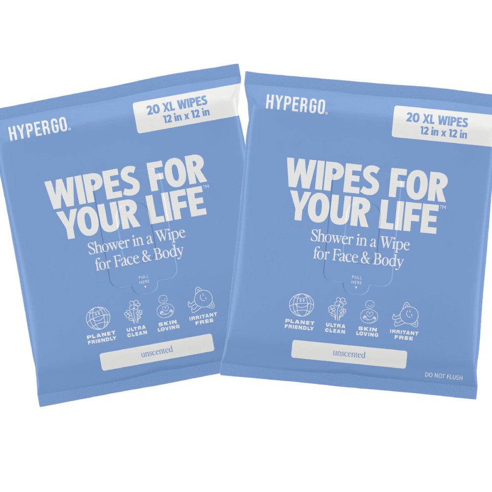 HyperGo XL Body Wipes for Women & Men - 12 x12 Rinse-Free Full Body Cleansing Wipes 2-20 Count Packs - Unscented | Biodegradable, Hypoallergenic, Aloe-Infused | Gym, Festival, Camping Essentials