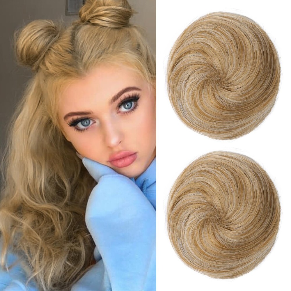 REECHO 2 PCS Mini Claw Clip in Messy & Cat Ears Hair Bun Extensions HB001 Wig Accessory Updo Hairpieces for Women Girls (Pack of 2-3 Straight, Golden with Blonde Highlights)